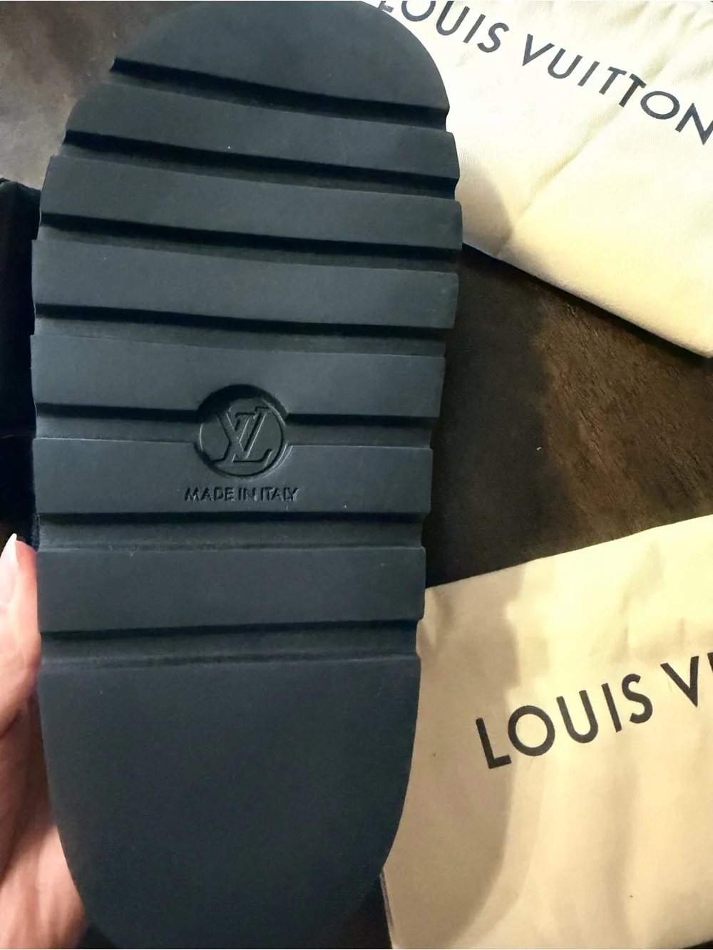Louis Vuitton Brown/black Monogram pool pillow comfort Shearling mules 37 EUC